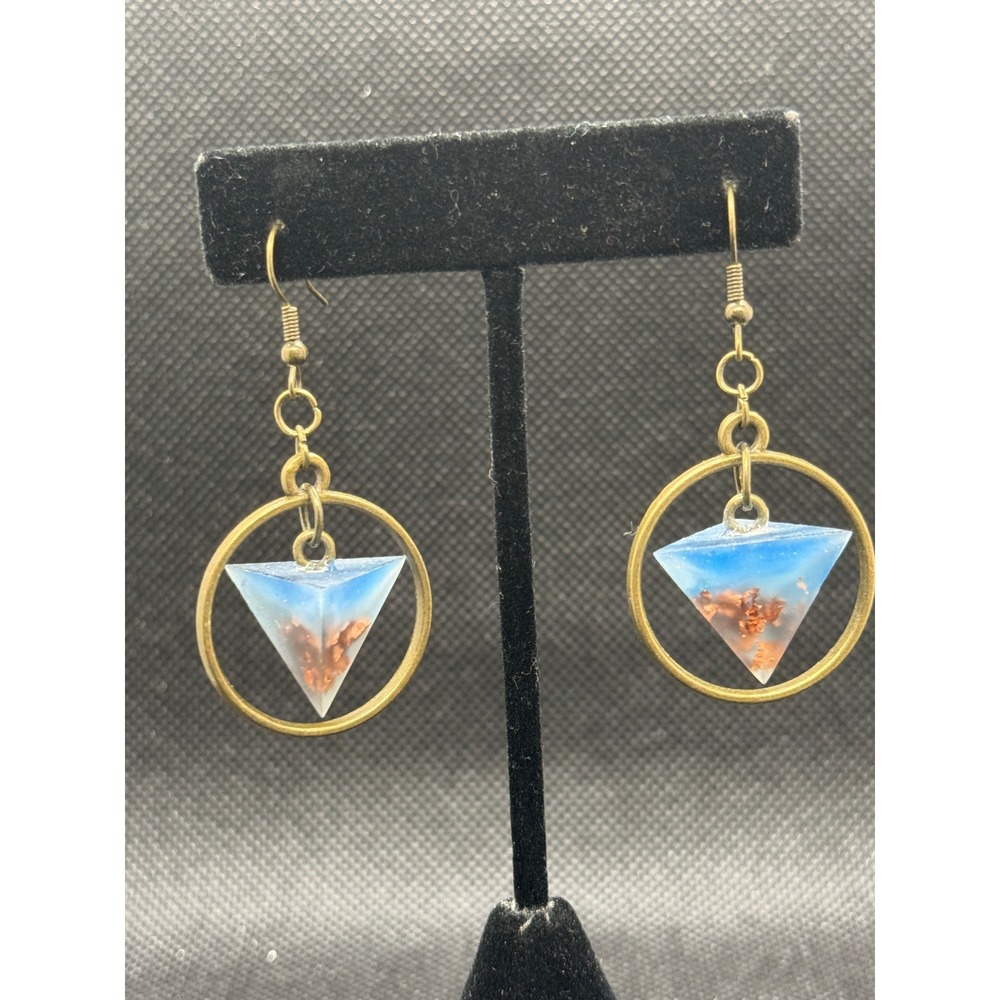Handmade Resin Pyramid Hoop Drop Earrings Blue Copper Foil Antique Brass Tone